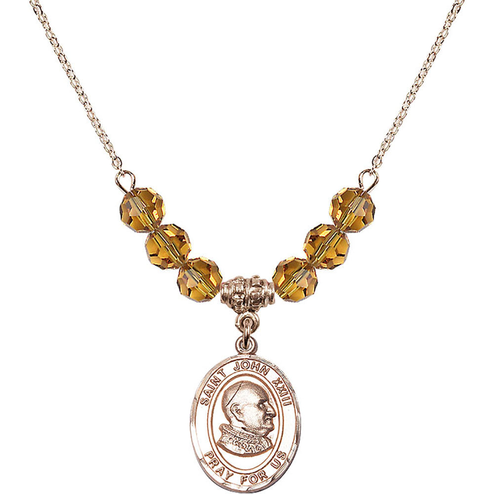 14kt Gold Filled Saint John XXIII Birthstone Necklace with Topaz Beads - 8455