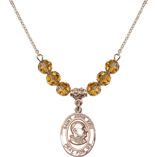 14kt Gold Filled Saint John XXIII Birthstone Necklace with Topaz Beads - 8455