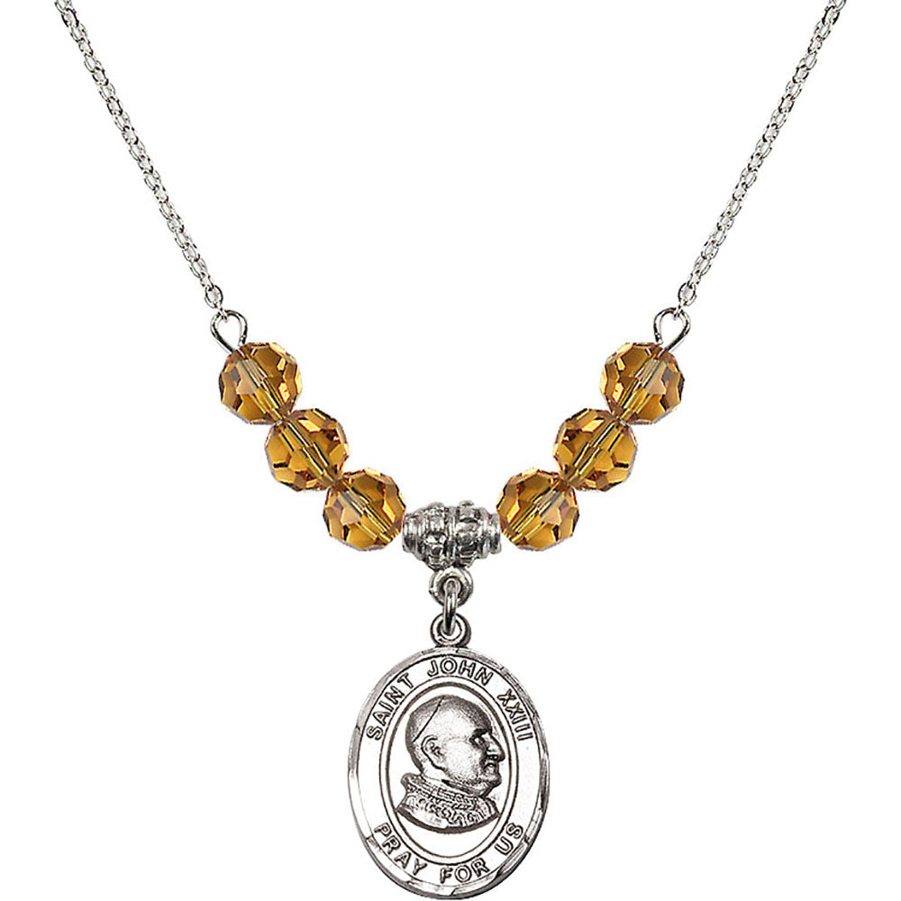 Sterling Silver Saint John XXIII Birthstone Necklace with Topaz Beads - 8455