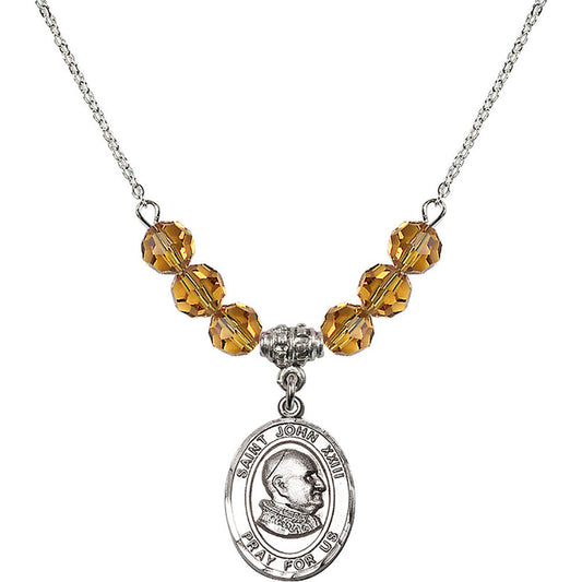 Sterling Silver Saint John XXIII Birthstone Necklace with Topaz Beads - 8455