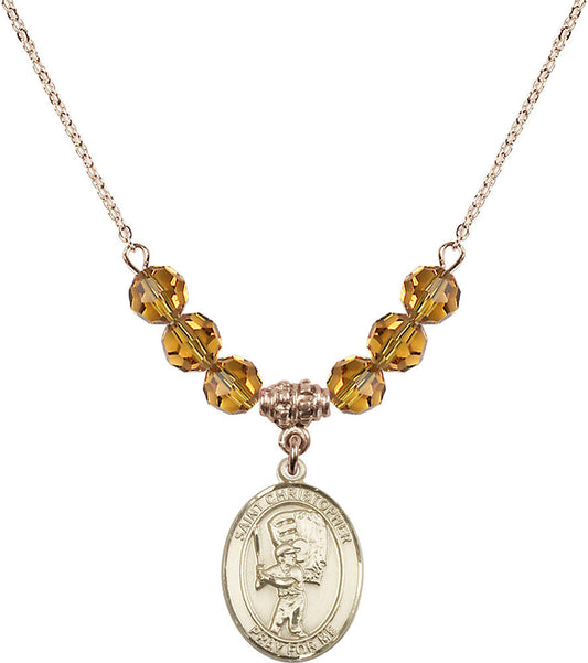 14kt Gold Filled Saint Christopher/Baseball Birthstone Necklace with Topaz Beads - 8500