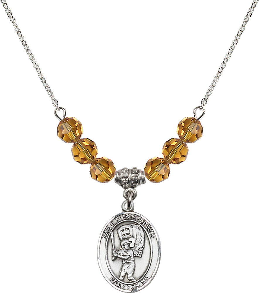Sterling Silver Saint Christopher/Baseball Birthstone Necklace with Topaz Beads - 8500