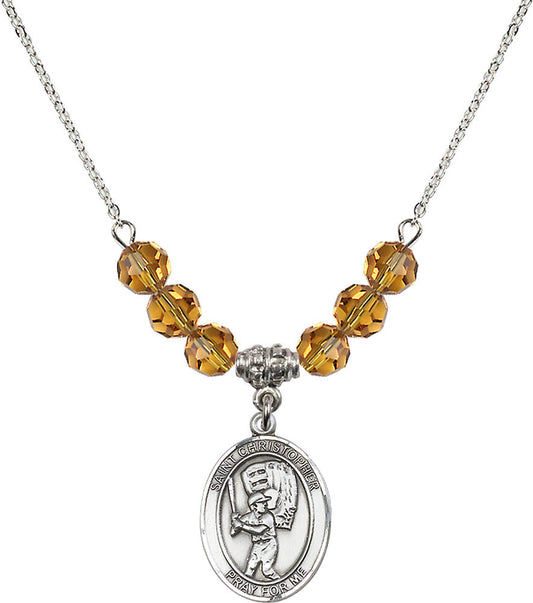 Sterling Silver Saint Christopher/Baseball Birthstone Necklace with Topaz Beads - 8500