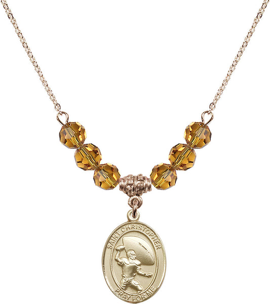 14kt Gold Filled Saint Christopher / Football Birthstone Necklace with Topaz Beads - 8501