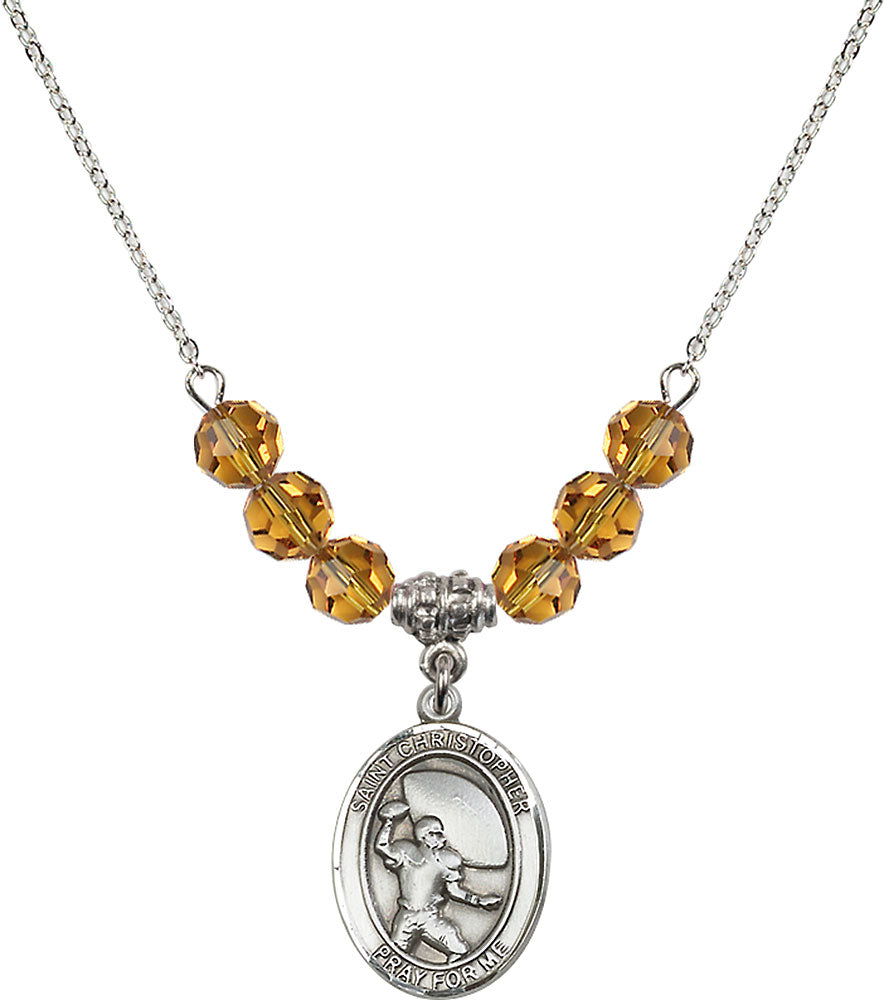 Sterling Silver Saint Christopher / Football Birthstone Necklace with Topaz Beads - 8501