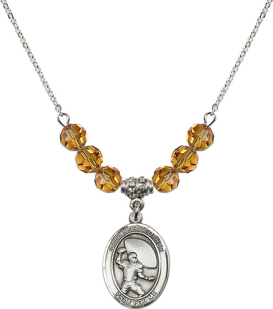 Sterling Silver Saint Christopher / Football Birthstone Necklace with Topaz Beads - 8501