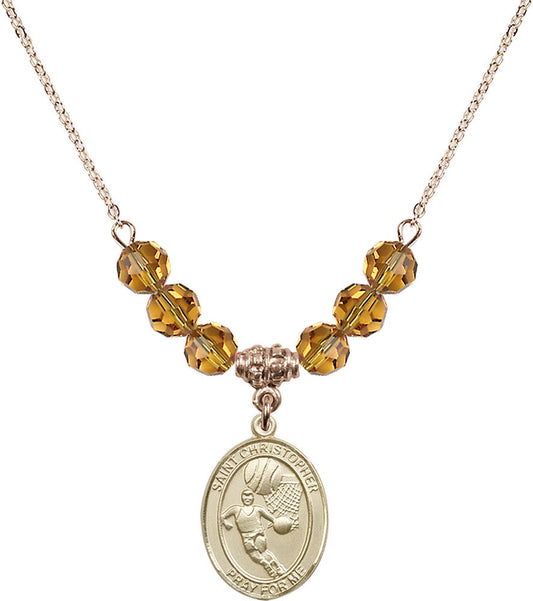 14kt Gold Filled Saint Christopher/Basketball Birthstone Necklace with Topaz Beads - 8502