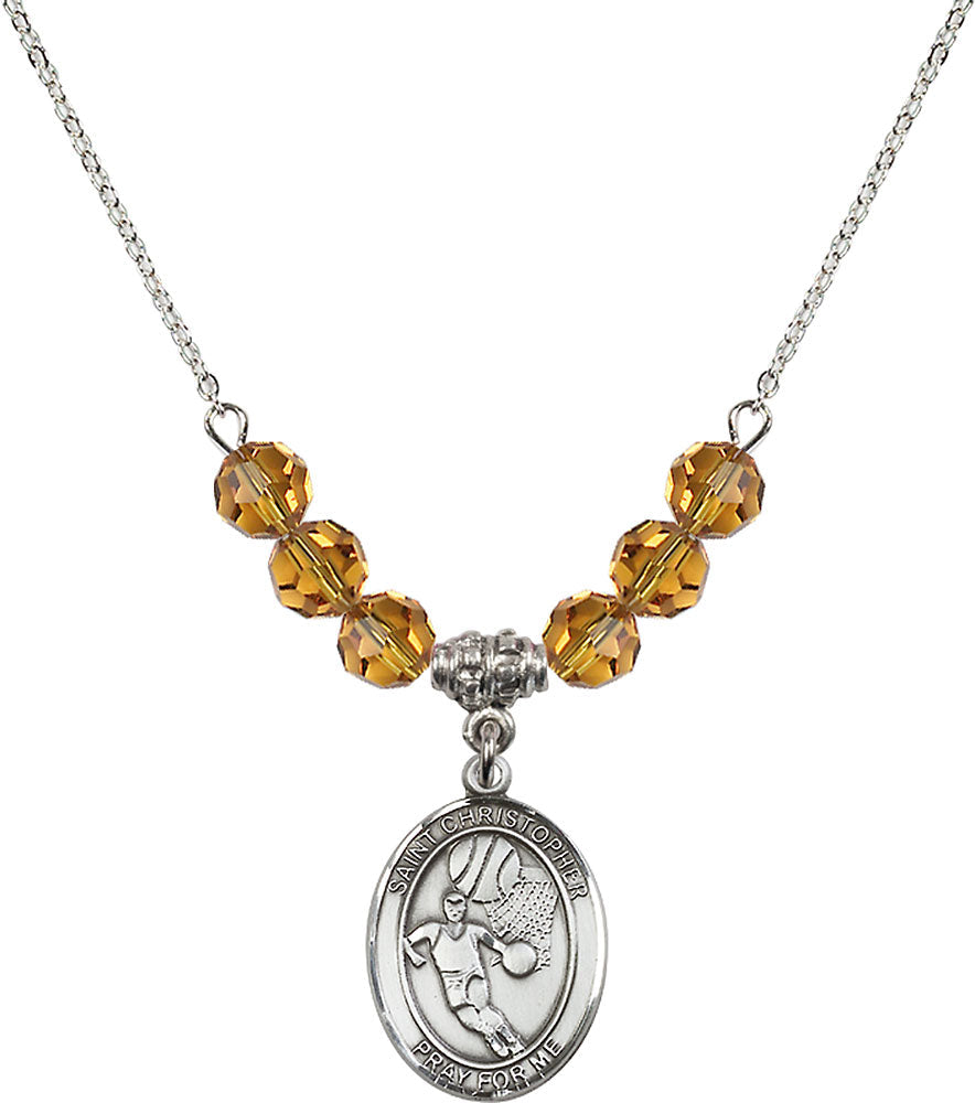 Sterling Silver Saint Christopher/Basketball Birthstone Necklace with Topaz Beads - 8502