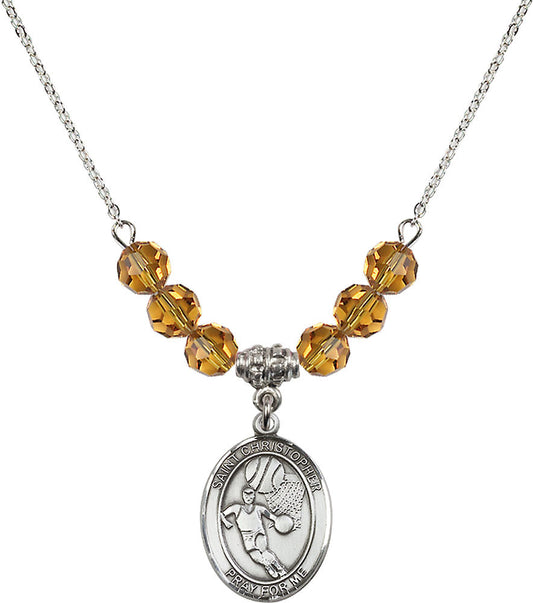 Sterling Silver Saint Christopher/Basketball Birthstone Necklace with Topaz Beads - 8502