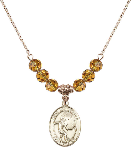 14kt Gold Filled Saint Christopher/Soccer Birthstone Necklace with Topaz Beads - 8503