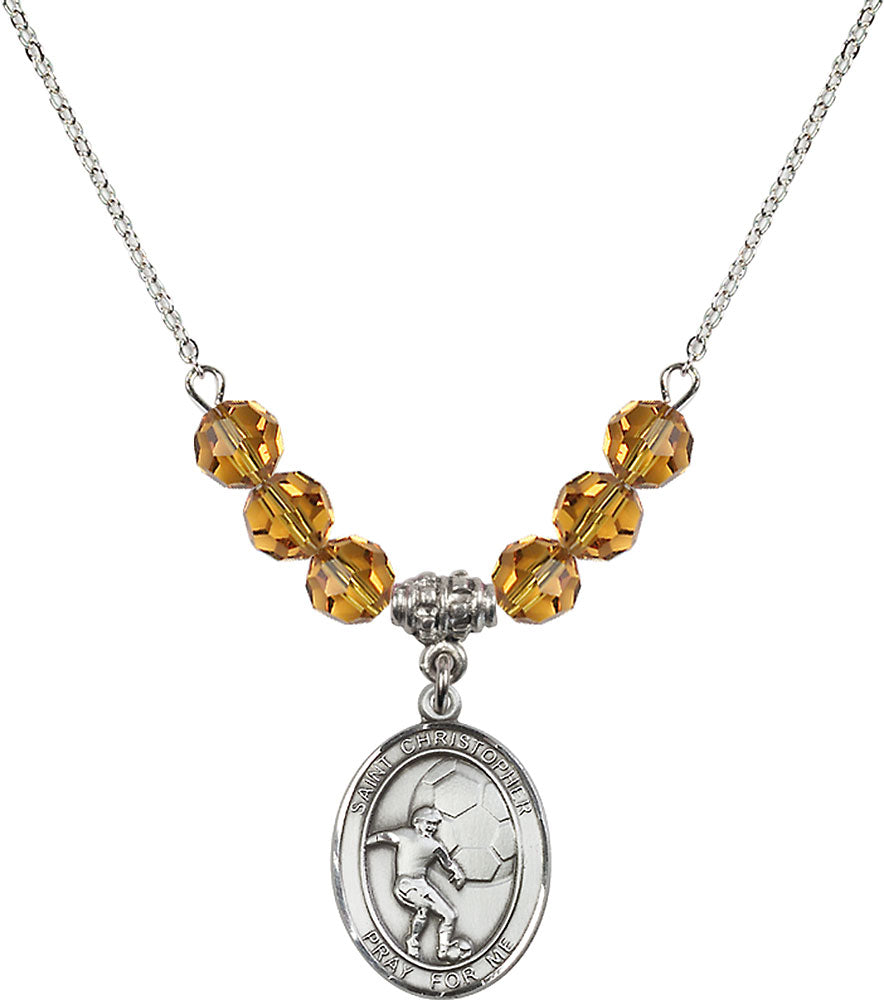 Sterling Silver Saint Christopher/Soccer Birthstone Necklace with Topaz Beads - 8503