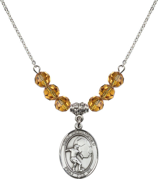 Sterling Silver Saint Christopher/Soccer Birthstone Necklace with Topaz Beads - 8503
