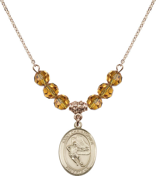14kt Gold Filled Saint Christopher/Hockey Birthstone Necklace with Topaz Beads - 8504