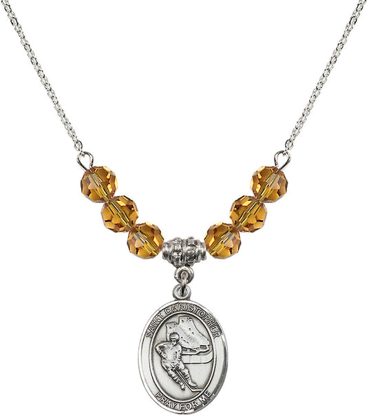 Sterling Silver Saint Christopher/Hockey Birthstone Necklace with Topaz Beads - 8504
