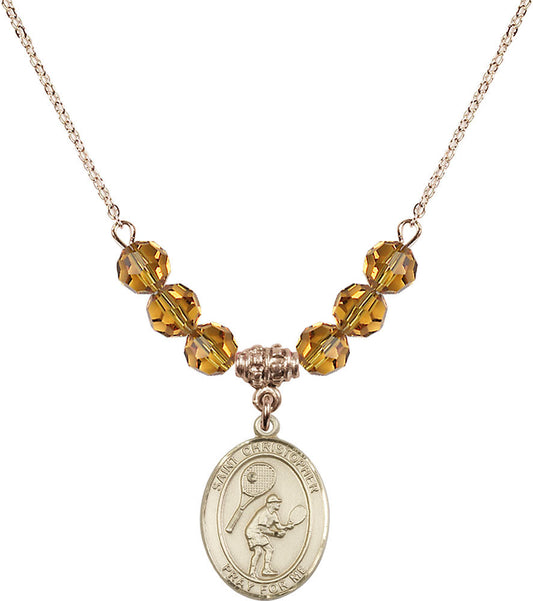 14kt Gold Filled Saint Christopher/Tennis Birthstone Necklace with Topaz Beads - 8505