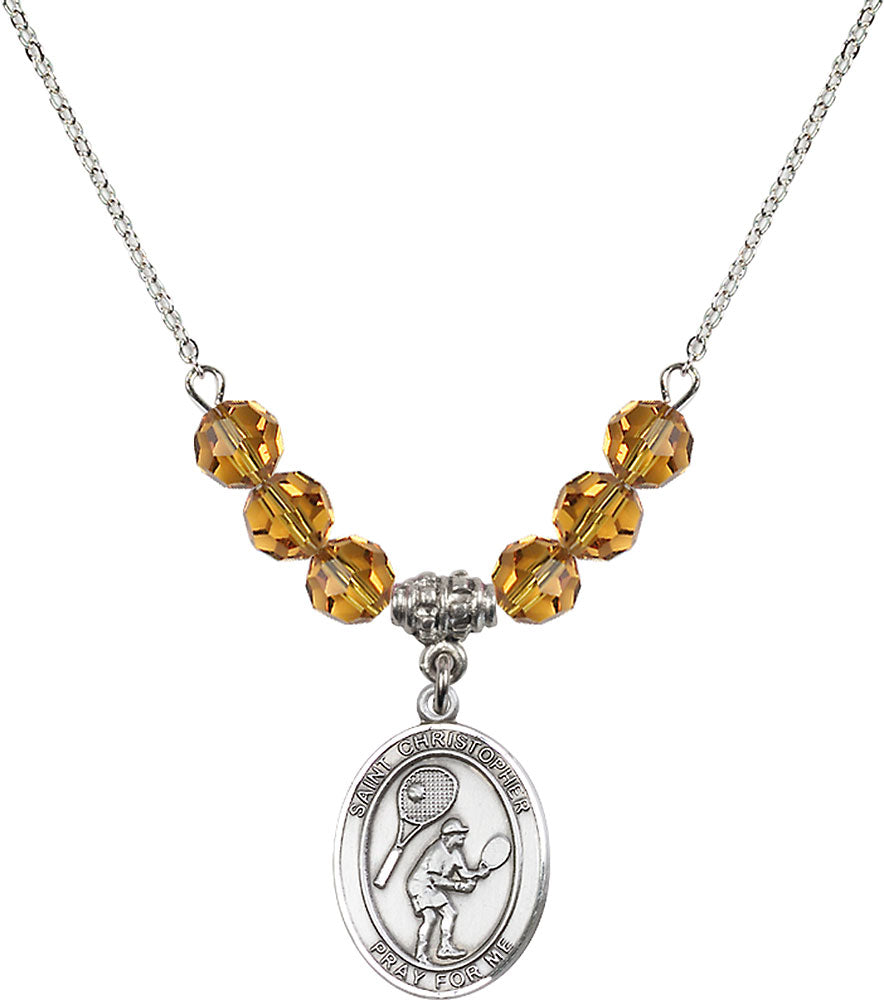 Sterling Silver Saint Christopher/Tennis Birthstone Necklace with Topaz Beads - 8505