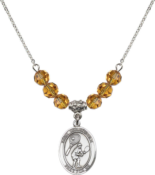 Sterling Silver Saint Christopher/Tennis Birthstone Necklace with Topaz Beads - 8505