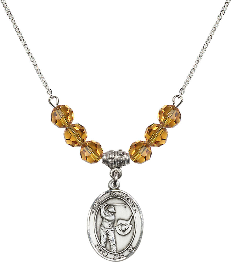 Sterling Silver Saint Christopher/Golf Birthstone Necklace with Topaz Beads - 8506
