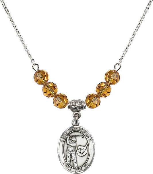Sterling Silver Saint Christopher/Golf Birthstone Necklace with Topaz Beads - 8506