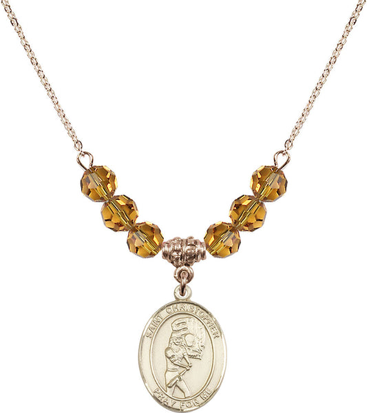 14kt Gold Filled Saint Christopher/Softball Birthstone Necklace with Topaz Beads - 8507