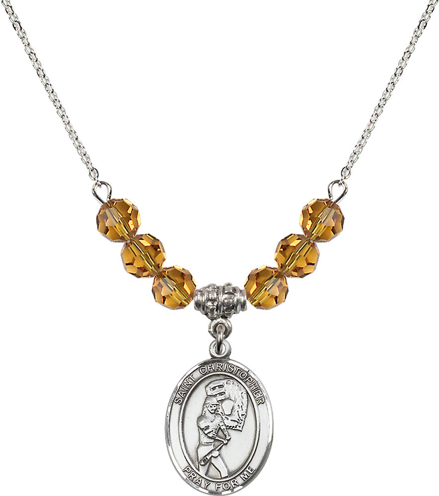 Sterling Silver Saint Christopher/Softball Birthstone Necklace with Topaz Beads - 8507
