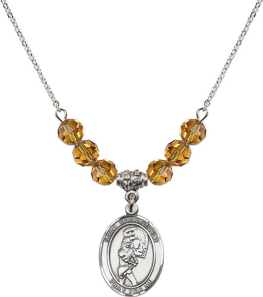 Sterling Silver Saint Christopher/Softball Birthstone Necklace with Topaz Beads - 8507