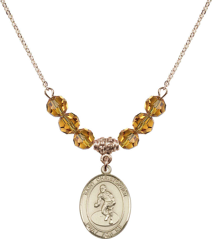 14kt Gold Filled Saint Christopher/Wrestling Birthstone Necklace with Topaz Beads - 8508