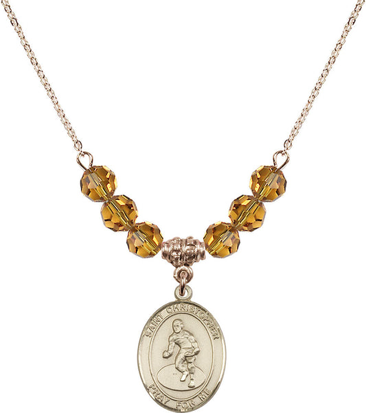 14kt Gold Filled Saint Christopher/Wrestling Birthstone Necklace with Topaz Beads - 8508