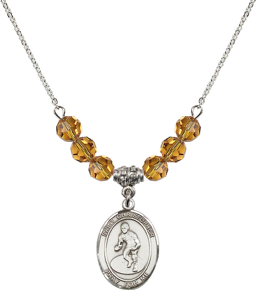 Sterling Silver Saint Christopher/Wrestling Birthstone Necklace with Topaz Beads - 8508