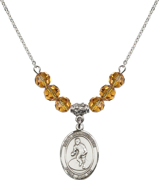 Sterling Silver Saint Christopher/Wrestling Birthstone Necklace with Topaz Beads - 8508