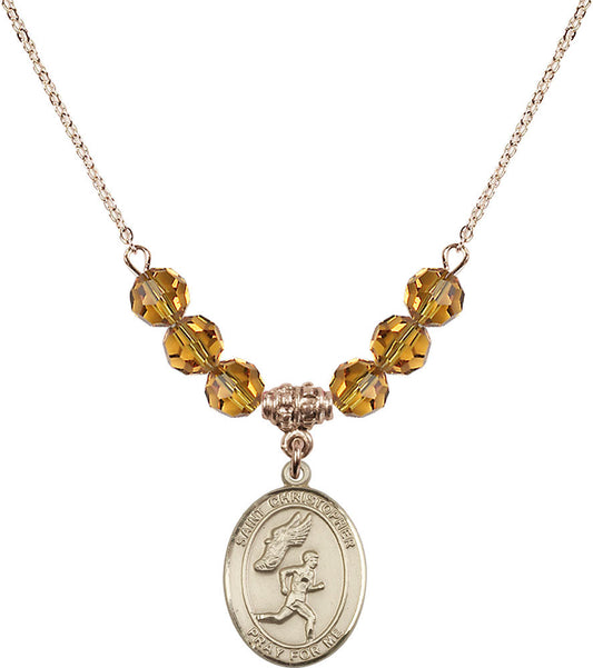 14kt Gold Filled Saint Christopher/Track&Field-Men Birthstone Necklace with Topaz Beads - 8509