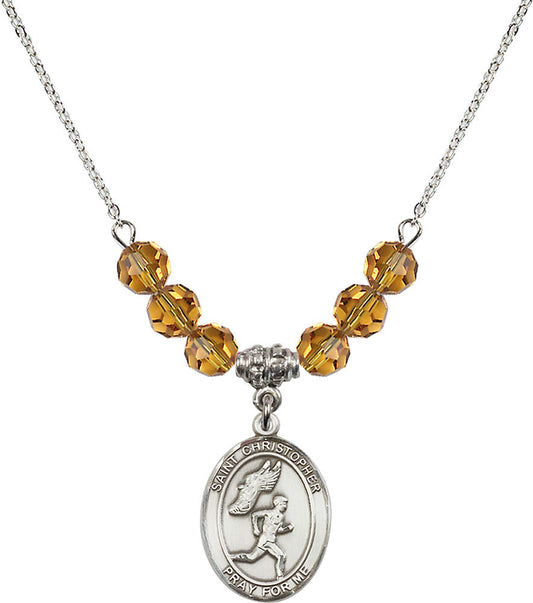 Sterling Silver Saint Christopher/Track&Field-Men Birthstone Necklace with Topaz Beads - 8509