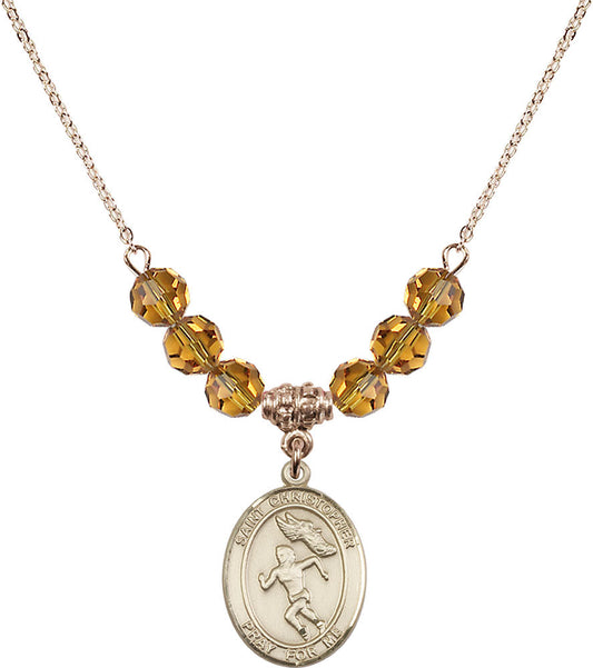 14kt Gold Filled Saint Christopher/Track&Field-Women Birthstone Necklace with Topaz Beads - 8510