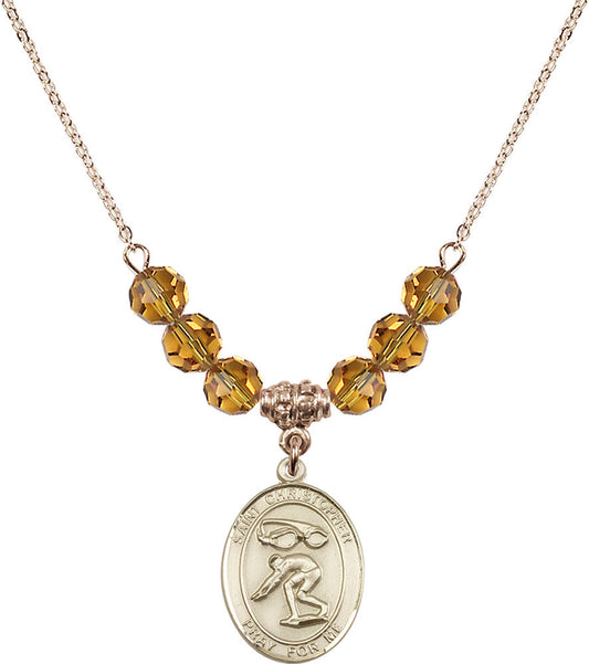 14kt Gold Filled Saint Christopher/Swimming Birthstone Necklace with Topaz Beads - 8511