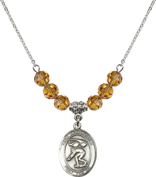 Sterling Silver Saint Christopher/Swimming Birthstone Necklace with Topaz Beads - 8511