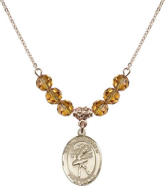 14kt Gold Filled Saint Christopher/Dance Birthstone Necklace with Topaz Beads - 8512