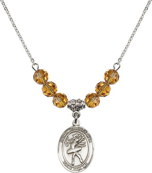 Sterling Silver Saint Christopher/Dance Birthstone Necklace with Topaz Beads - 8512