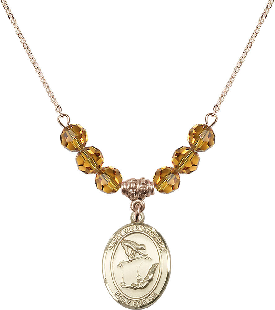 14kt Gold Filled Saint Christopher/Gymnastics Birthstone Necklace with Topaz Beads - 8513