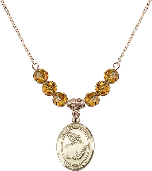 14kt Gold Filled Saint Christopher/Gymnastics Birthstone Necklace with Topaz Beads - 8513