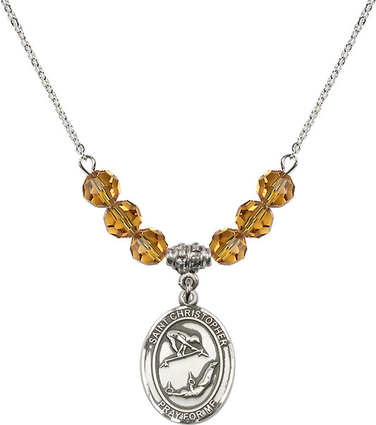 Sterling Silver Saint Christopher/Gymnastics Birthstone Necklace with Topaz Beads - 8513