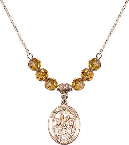 14kt Gold Filled Saint Christopher / Choir Birthstone Necklace with Topaz Beads - 8514