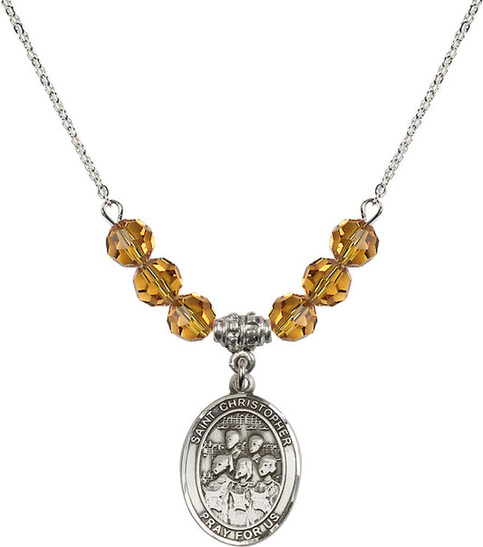 Sterling Silver Saint Christopher / Choir Birthstone Necklace with Topaz Beads - 8514