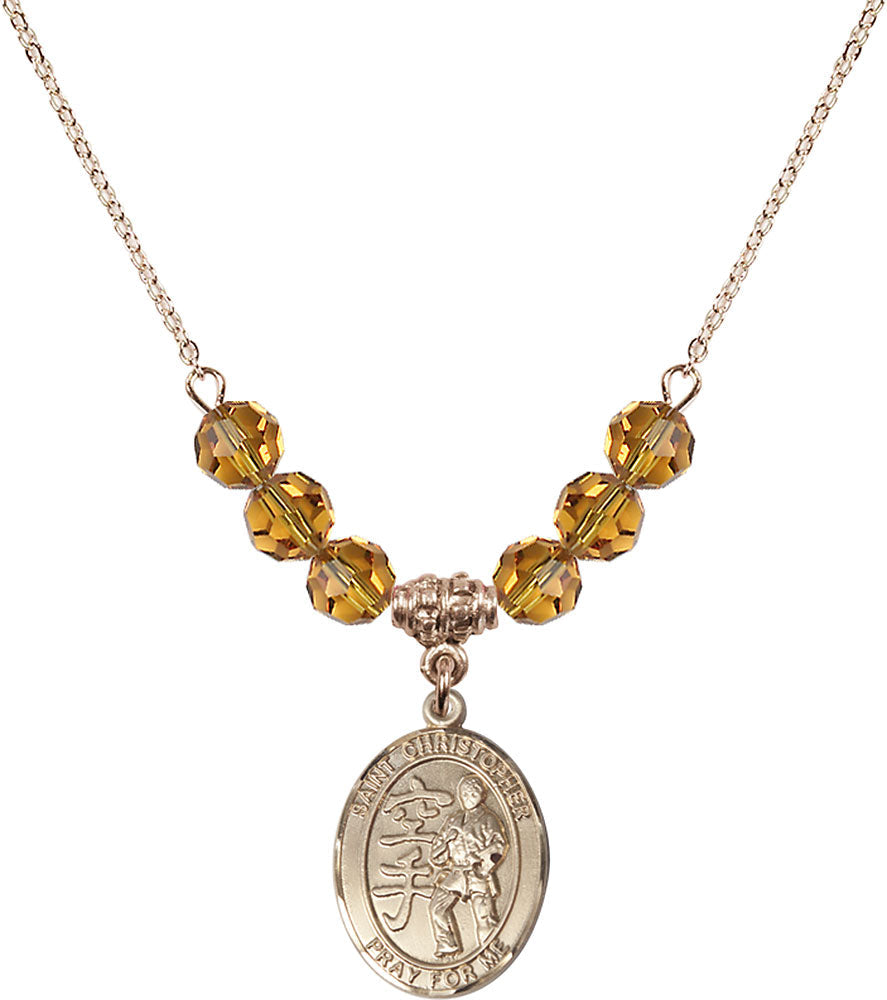 14kt Gold Filled Saint Christopher / Karate Birthstone Necklace with Topaz Beads - 8515