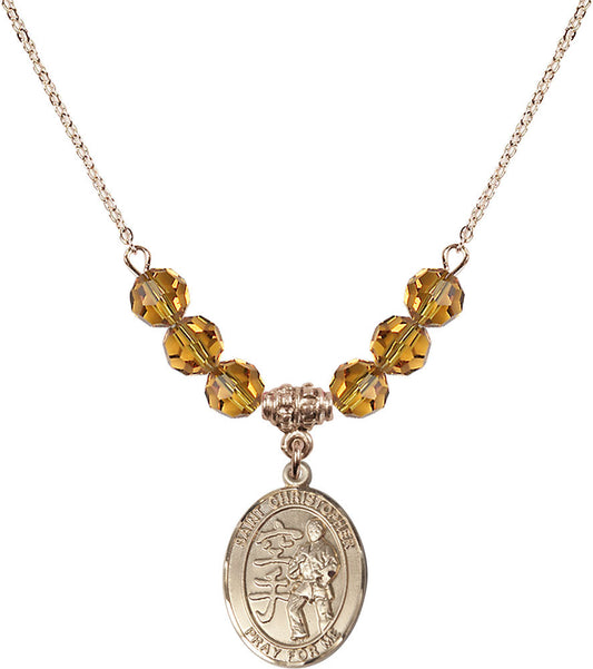 14kt Gold Filled Saint Christopher / Karate Birthstone Necklace with Topaz Beads - 8515