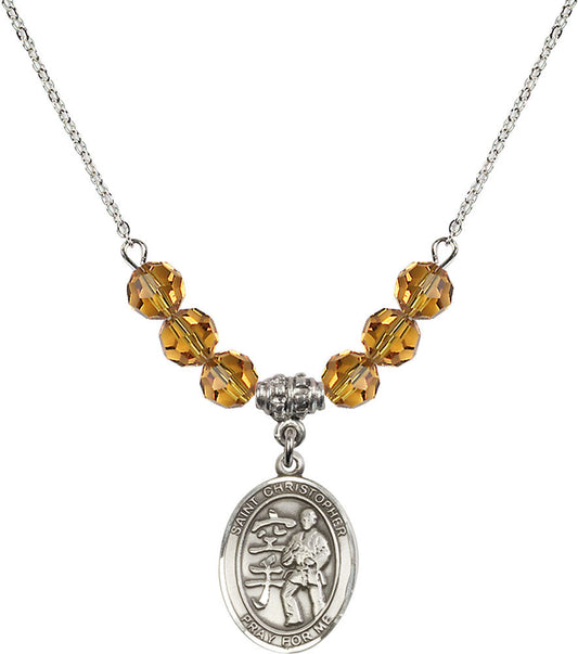 Sterling Silver Saint Christopher / Karate Birthstone Necklace with Topaz Beads - 8515