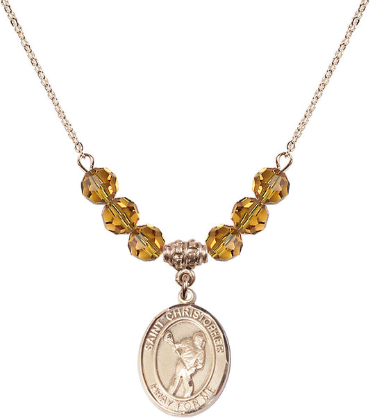 14kt Gold Filled Saint Christopher/Lacrosse Birthstone Necklace with Topaz Beads - 8516