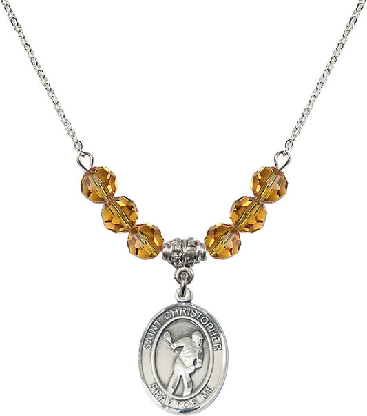 Sterling Silver Saint Christopher/Lacrosse Birthstone Necklace with Topaz Beads - 8516