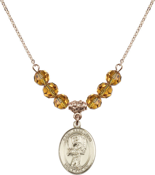 14kt Gold Filled Saint Sebastian / Baseball Birthstone Necklace with Topaz Beads - 8600
