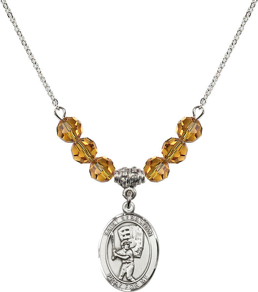 Sterling Silver Saint Sebastian / Baseball Birthstone Necklace with Topaz Beads - 8600