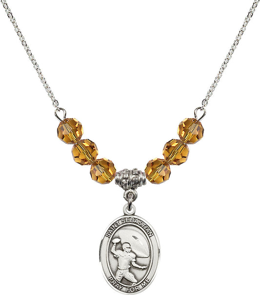 Sterling Silver Saint Sebastian / Football Birthstone Necklace with Topaz Beads - 8601